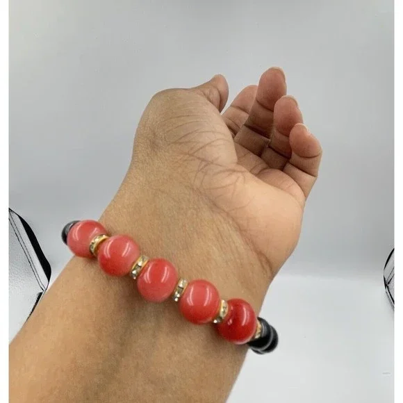 Women Bead Bracelet Elastic Black And Red - Picture 7 of 8